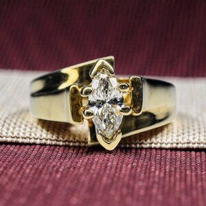 Vintage- 10K Gold Natural Diamond Ring- 1/5CT Marquise Cut Solitaire -Size 4.25